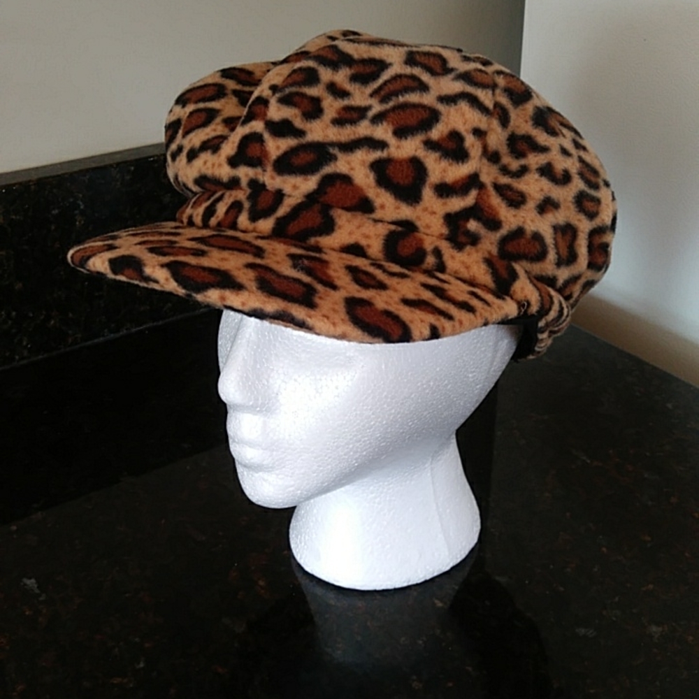 Leopard Animal Print Cabbie Hat with Stretch Band in the Back